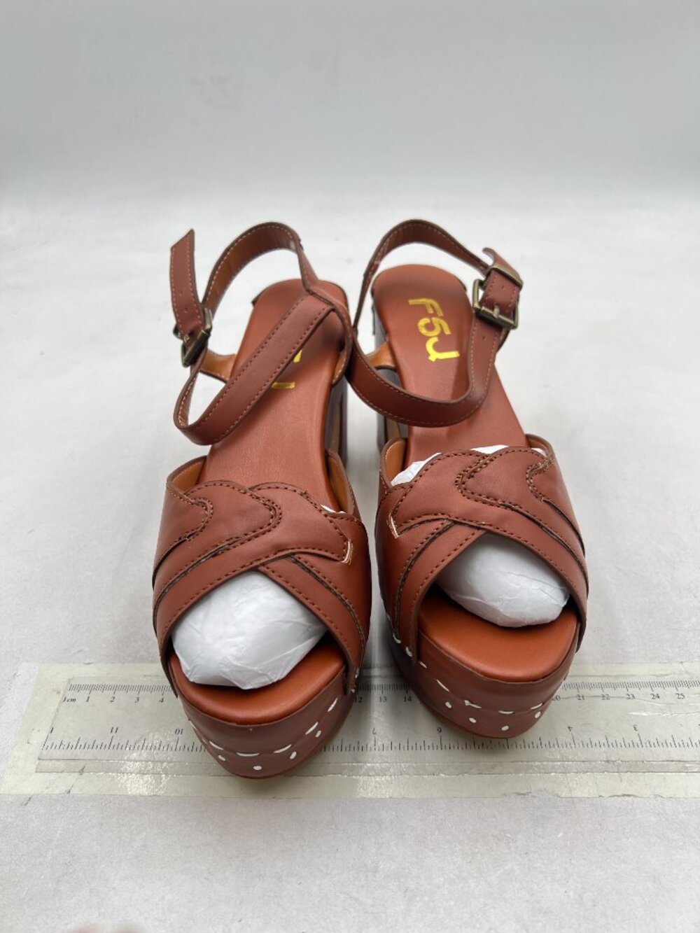 FSJ Brown Peep Toe Clog Heels Retro Platform Sandals for Women - Picture 3 of 8